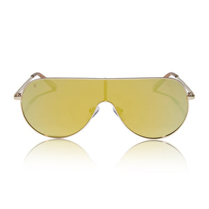 dime optics tarzana shield sunglasses with a brushed gold metal frame and gold mirror polarized lenses front view