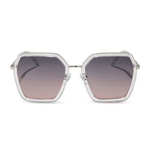 dime optics featuring the alameda square sunglasses with a silver and crystal clear frame and orchid gradient lenses front view
