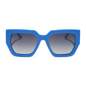 dime optics highland square sunglasses with a poolhouse blue frame and grey gradient polarized lenses front view