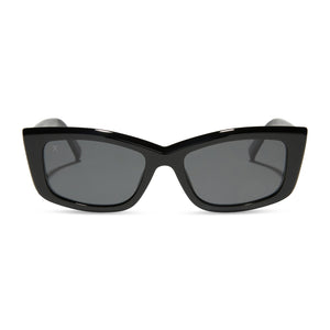 dime optics olympic cat eye sunglasses with a black frame and grey polarized lenses front view