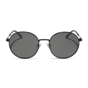 dime optics featuring the silverlake round sunglasses with a black frame and grey lenses front view