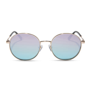 dime optics featuring the silverlake round sunglasses with a gold frame and wisteria mirror light blue purple lenses front view
