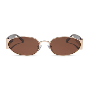 dime optics featuring the vine rectangular sunglasses with a gold and mocha frame and brown lenses front view
