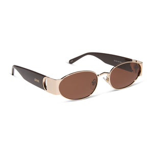 dime optics featuring the vine rectangular sunglasses with a gold and mocha frame and brown lenses angled view