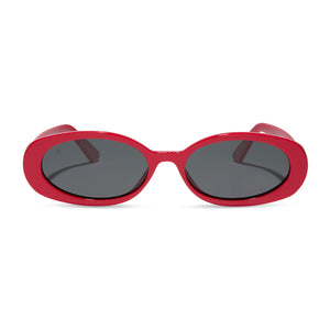dime optics westwood round sunglasses with a ruby red frame and grey polarized lenses front view