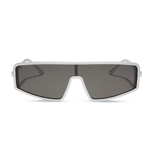 nathalie paris x dime optics mira shield sunglasses with a silver frame and grey polarized lenses front view