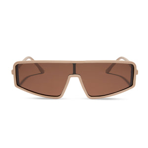 nathalie paris x dime optics mira shield sunglasses with a solid taupe frame and brown polarized lenses front view