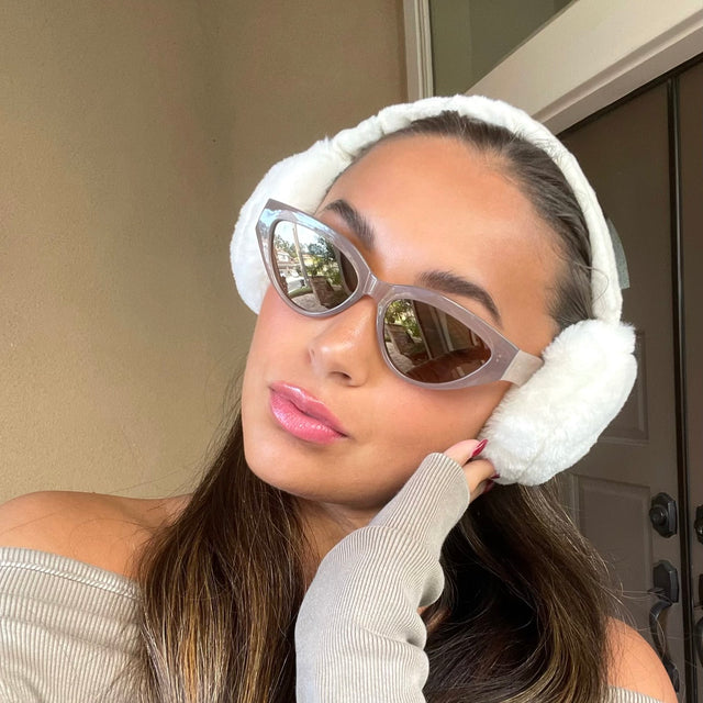 customer content - alyssarevecho wearing les do makeup x dime optics featuring last call cat eye sunglasses with a milky nude frame and brown with gold flash polarized lenses front view