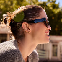 on model - les do makeup x dime optics featuring last call cat eye sunglasses with a black frame and grey polarized lenses side view