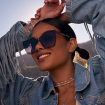 on model - female wearing dime optics glendale cat eye sunglasses with a crystal cool grey frame and orchid gradient lenses front view