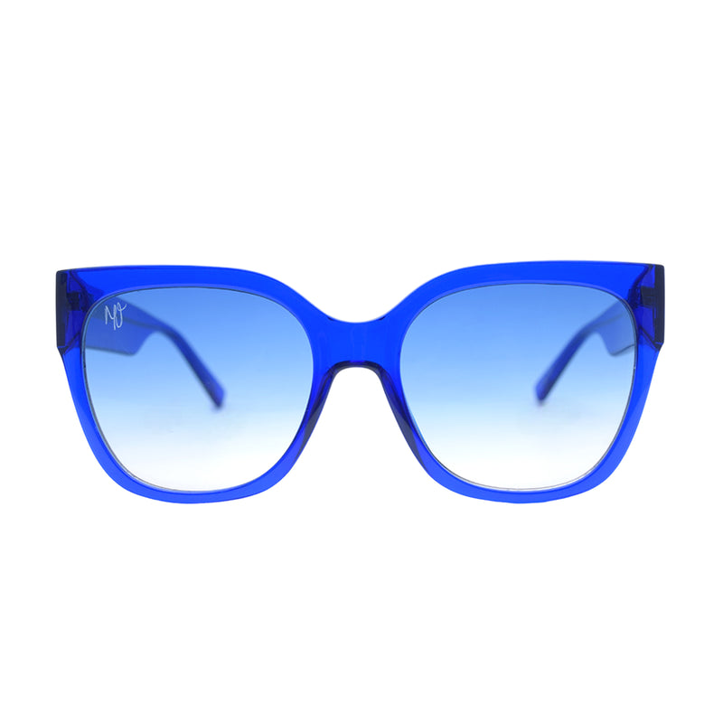 Front facing product shot of Dime Optics Mikayla Jane Go Getter cateye Sunglasses in blue