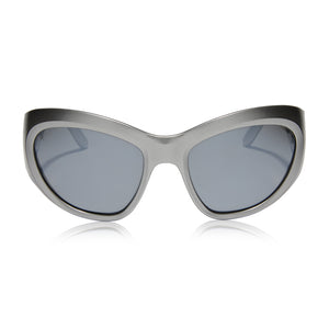 castro x dime optics incognito round sunglasses with a glossy silver frame and silver mirror polarized lenses front view