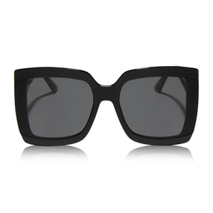 castro x dime optics onyx square sunglasses with a black frame and grey polarized lenses front view