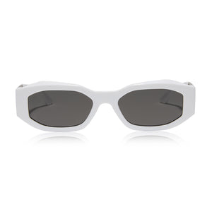 castro x dime optics pns square sunglasses with a white frame and grey polarized lenses front view