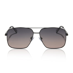 dime optics encino aviator sunglasses with a black metal frame and orchid gradient polarized lenses front view