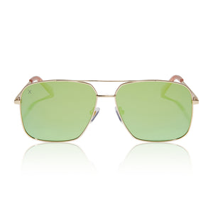 dime optics encino aviator sunglasses with a gold metal frame and cyan mirror lenses front view