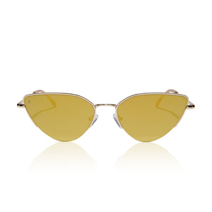 dime optics fairfax cat eye sunglasses with a gold metal frame and gold mirror lenses front view