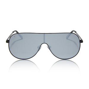 dime optics tarzana shield sunglasses with a black metal frame and grey with silver flash polarized lenses front view