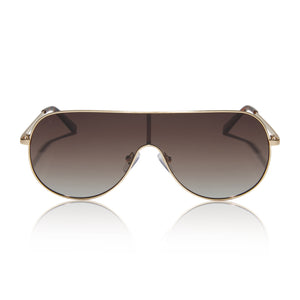 dime optics tarzana shield sunglasses with a brushed gold metal frame and brown gradient polarized lenses front view
