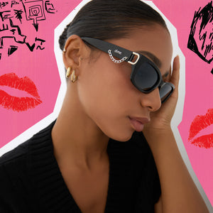 on model - female wearing mean girls x dime optics janis cold shiny hard plasticon punky blue gradient polarized sunglasses side view