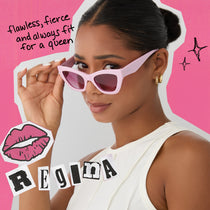 on model - female wearing mean girls x dime optics regina wednesday pink spring fling queen pink gradient sunglasses side view