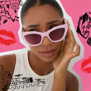 on model - female wearing mean girls x dime optics regina wednesday pink spring fling queen pink gradient sunglasses front view
