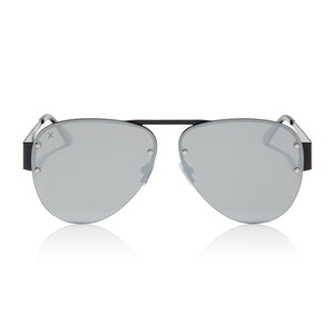 skai jackson x dime optics 917 aviator sunglasses with a black shiny metal frame and silver mirror lenses front view