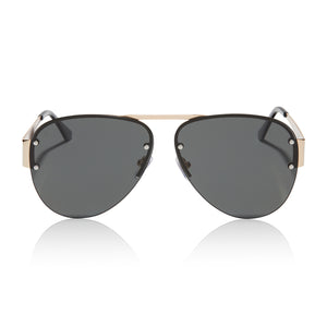 skai jackson x dime optics 917 aviator sunglasses with a gold shiny metal frame and solid grey lenses front view