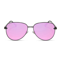 dime optics abbot aviator sunglasses with a matte black frame and pink mirror polarized lenses front view