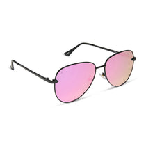 dime optics abbot aviator sunglasses with a matte black frame and pink mirror polarized lenses angled view