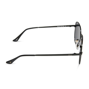 dime optics abbot aviator sunglasses with a matte black frame and pink mirror polarized lenses side view