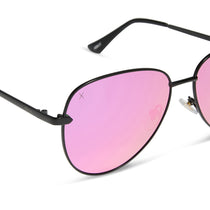 dime optics abbot aviator sunglasses with a matte black frame and pink mirror polarized lenses detailed view