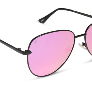 dime optics abbot aviator sunglasses with a matte black frame and pink mirror polarized lenses detailed view