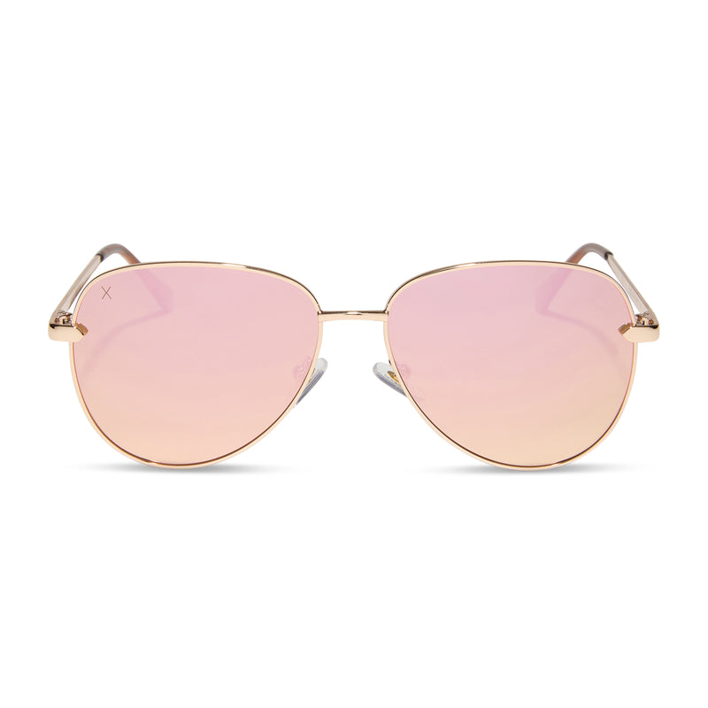 dime optics abbot aviator sunglasses with a shiny gold frame and champagne mirror polarized lenses front view