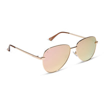 dime optics abbot aviator sunglasses with a shiny gold frame and champagne mirror polarized lenses angled view