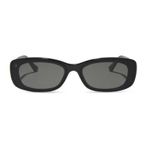 dime optics featuring the agoura rectangular sunglasses with a black frame and grey lenses front view