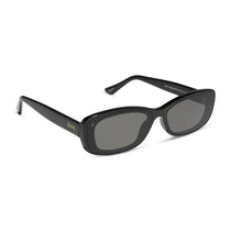 dime optics featuring the agoura rectangular sunglasses with a black frame and grey lenses angled view