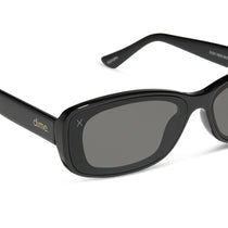 dime optics featuring the agoura rectangular sunglasses with a black frame and grey lenses detailed view