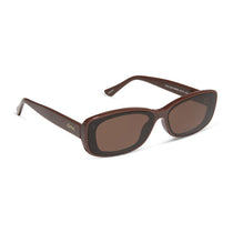 dime optics featuring the agoura rectangular sunglasses with a mocha frame and brown lenses angled view