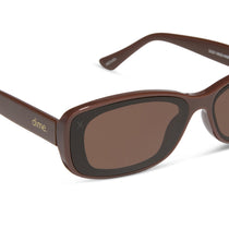 dime optics featuring the agoura rectangular sunglasses with a mocha frame and brown lenses detailed view