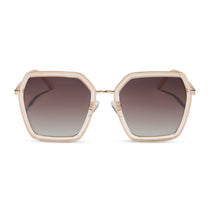dime optics featuring the alameda square sunglasses with a gold and frosty white frame and brown gradient lenses front view
