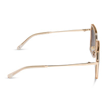 dime optics featuring the alameda square sunglasses with a gold and frosty white frame and brown gradient lenses side view