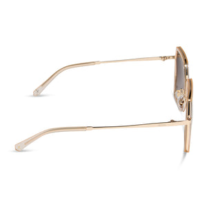 dime optics featuring the alameda square sunglasses with a gold and frosty white frame and brown gradient lenses side view