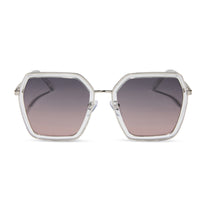 dime optics featuring the alameda square sunglasses with a silver and crystal clear frame and orchid gradient lenses front view