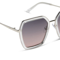 dime optics featuring the alameda square sunglasses with a silver and crystal clear frame and orchid gradient lenses detailed view