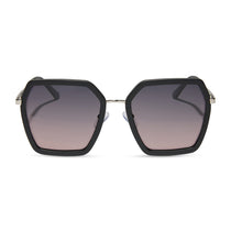 dime optics featuring the alameda square sunglasses with a silver and matte black frame and orchid gradient lenses front view