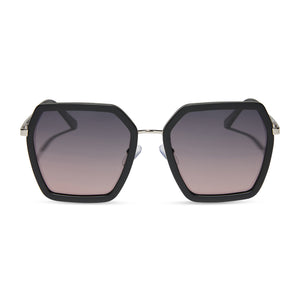 dime optics featuring the alameda square sunglasses with a silver and matte black frame and orchid gradient lenses front view