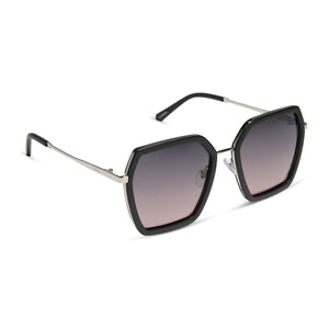 dime optics featuring the alameda square sunglasses with a silver and matte black frame and orchid gradient lenses angled view