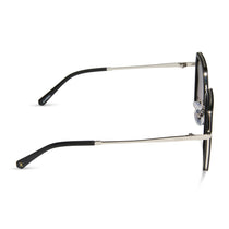 dime optics featuring the alameda square sunglasses with a silver and matte black frame and orchid gradient lenses side view