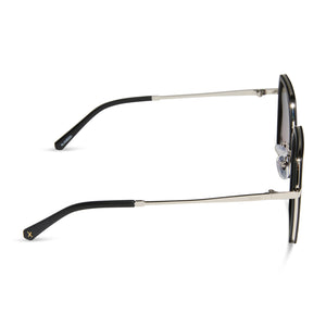 dime optics featuring the alameda square sunglasses with a silver and matte black frame and orchid gradient lenses side view